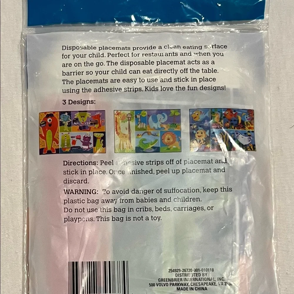 BPA FREE! Disposable Adhesive Placemats For Children (10 Count)